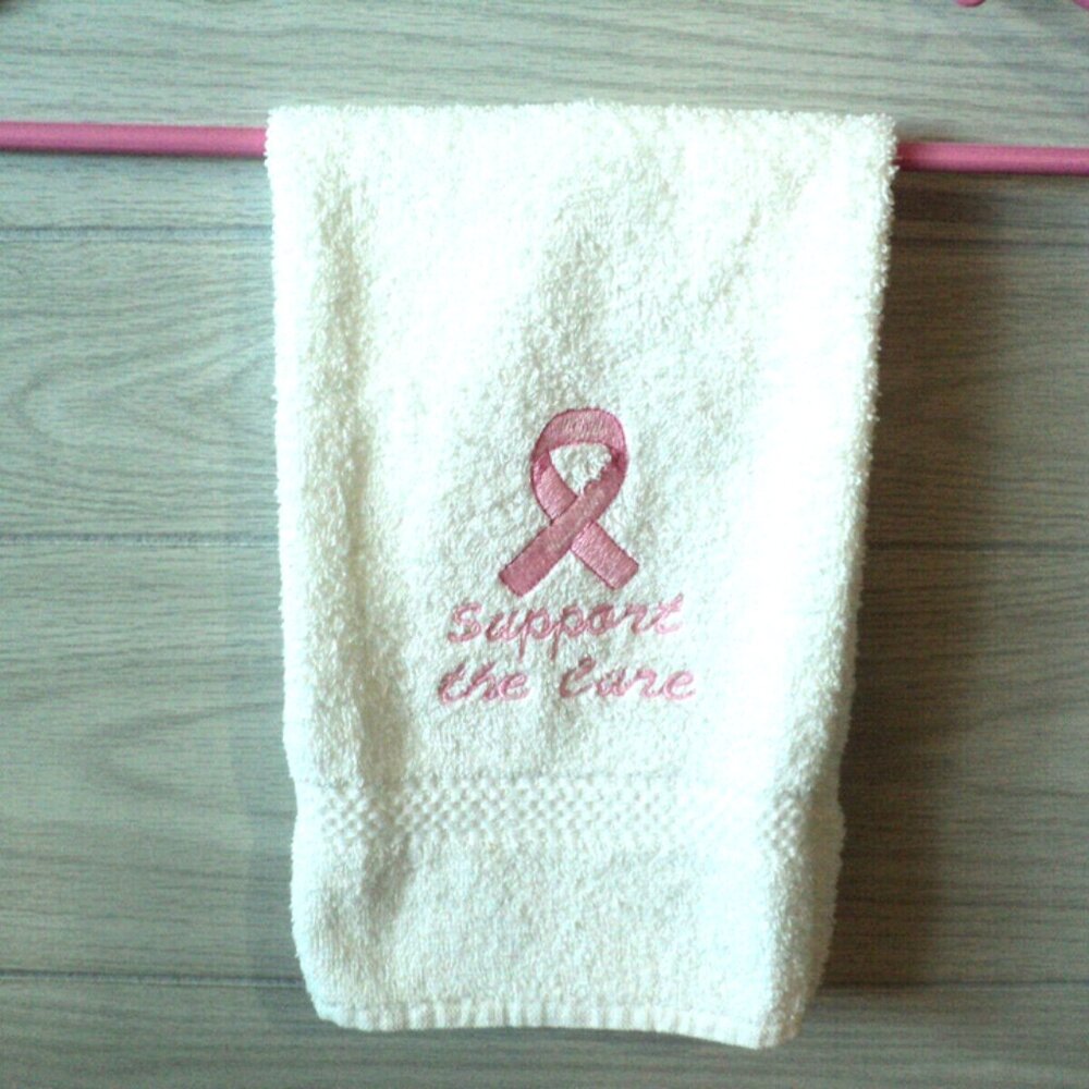 Breast Cancer Survivor Ribbon Embroidered Support the Cure White Hand Towel